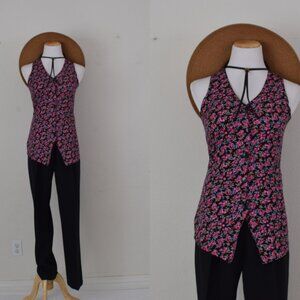 Vintage 90s Dark Floral Rayon Button Down‎ Blouse size S